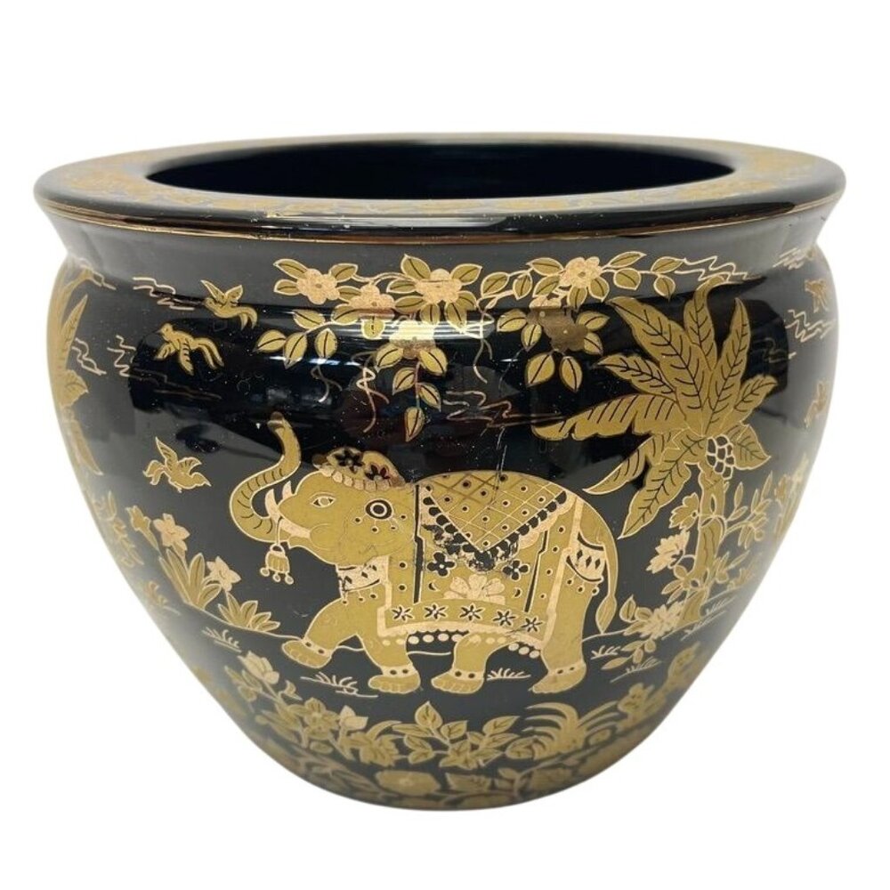 Vintage Black & Gold Elephant Asian Chinoiserie Style Floral Vase - Picture 2 of 7